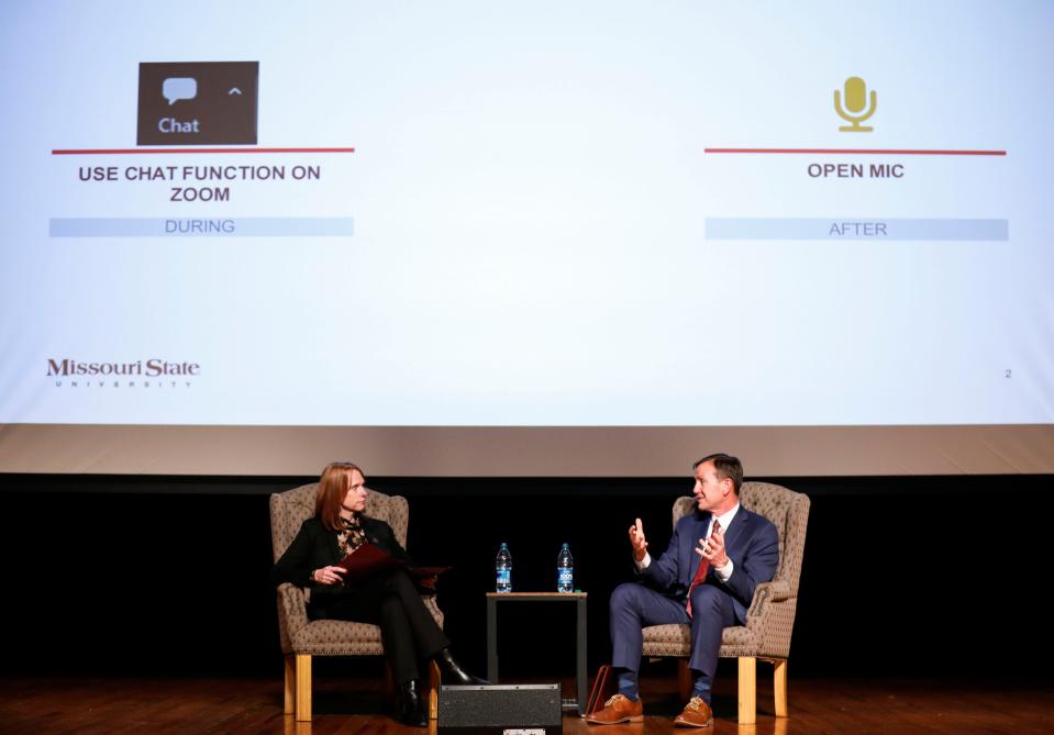 Richard "Biff" Williams, a finalist for the Missouri State University president job, answers questions at a forum in the Plaster Student Union auditorium on Thursday, Feb. 15, 2024.