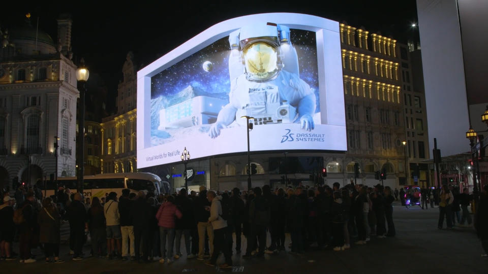 New Dassault Systèmes media campaign introduces virtual worlds for real life to Piccadilly Circus. Video credit: Ocean Outdoor