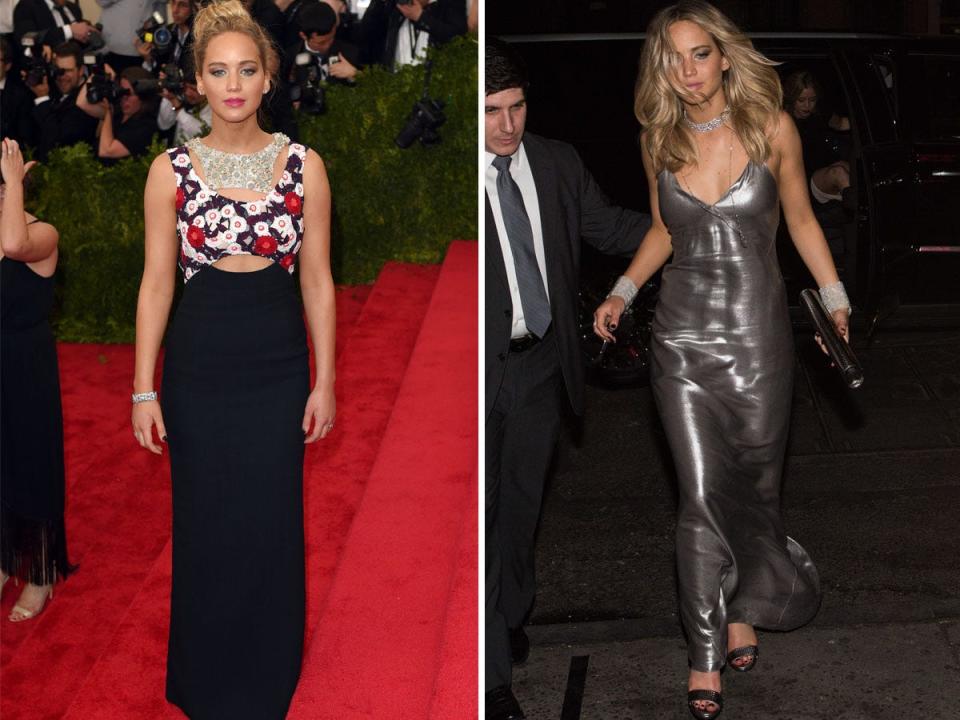 Jennifer Lawrence at the Met Gala and an after-party.