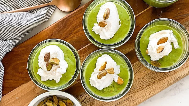 Pistachio pudding in containers 