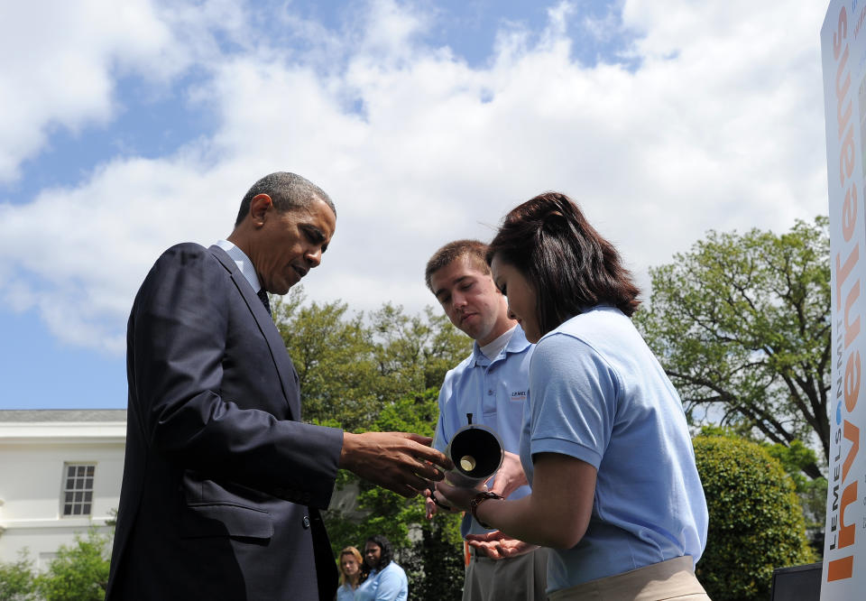 US President Barack Obama visits science fair projects in the East Garden of the White House in Washington on April 22, 2013. Obama hosted the White House Science Fair and celebrated the student winners of a broad range of science, technology, engineering and math (STEM) competitions from across the country.