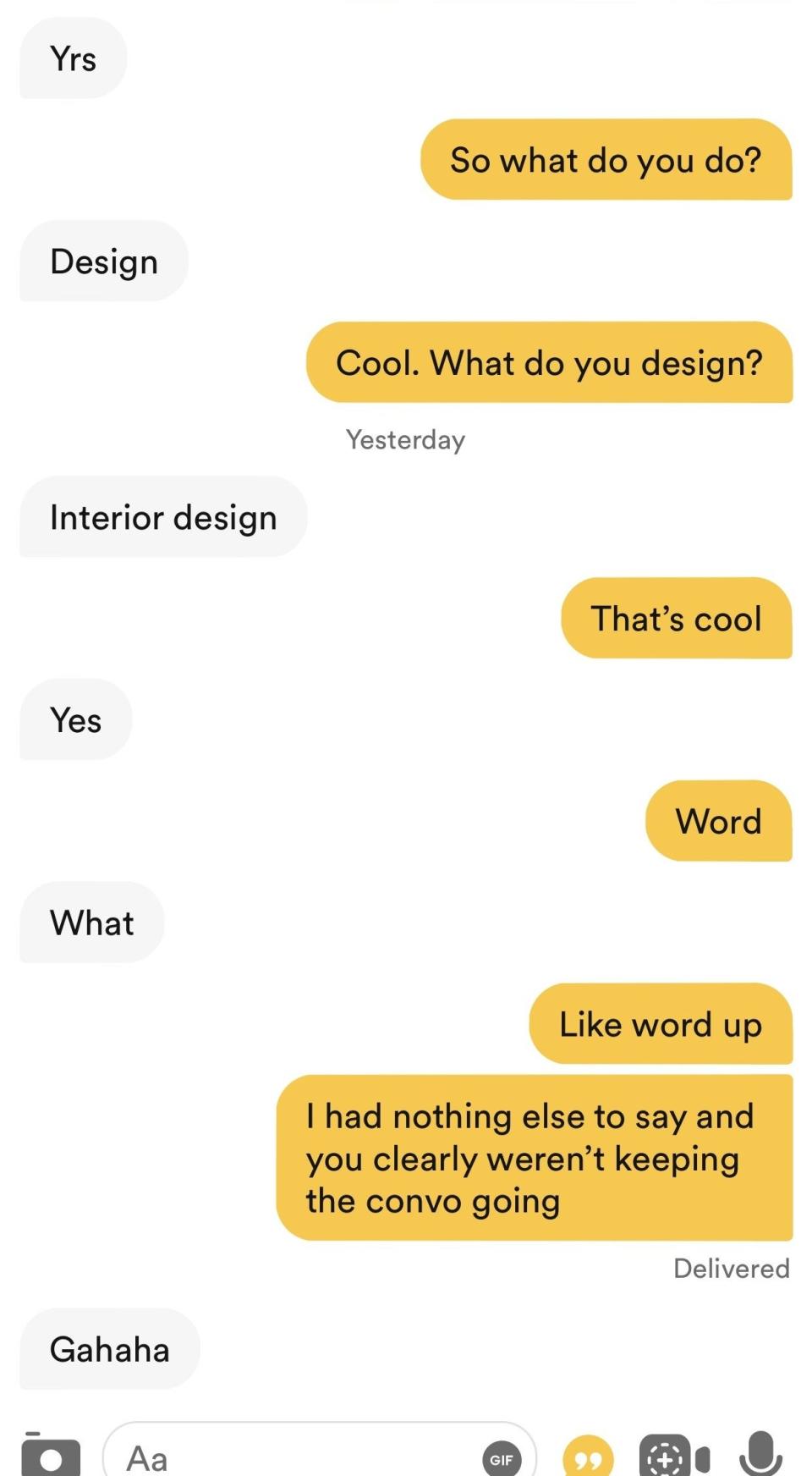 A text conversation where one side is asking ice-breaker questions and the other side is giving one-word answers and not asking anything in return