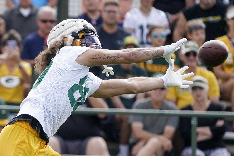 Green Bay Packers' Sal Cannella runs a drill at the NFL football team's practice field Wednesday, July 27, 2022, in Green Bay, Wis. (AP Photo/Morry Gash)