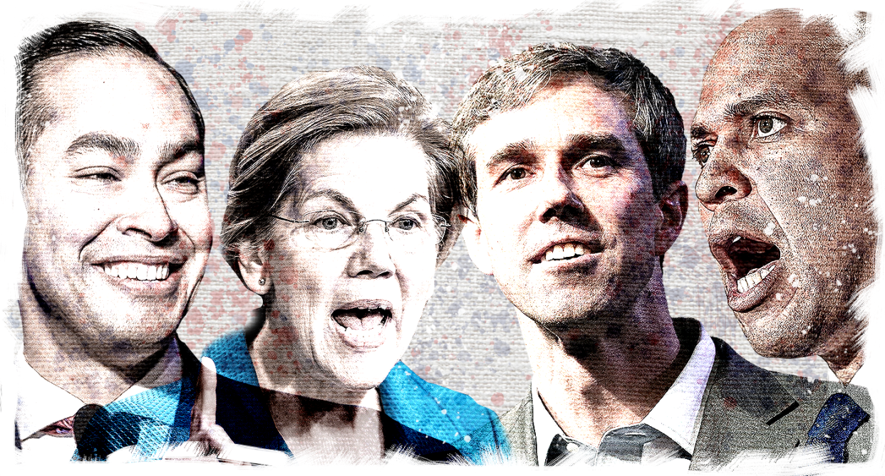 Julian Castro, Elizabeth Warren, Beto O’Rourke and Cory Booker (Yahoo News photo illustration; photos: AP, Getty Images)