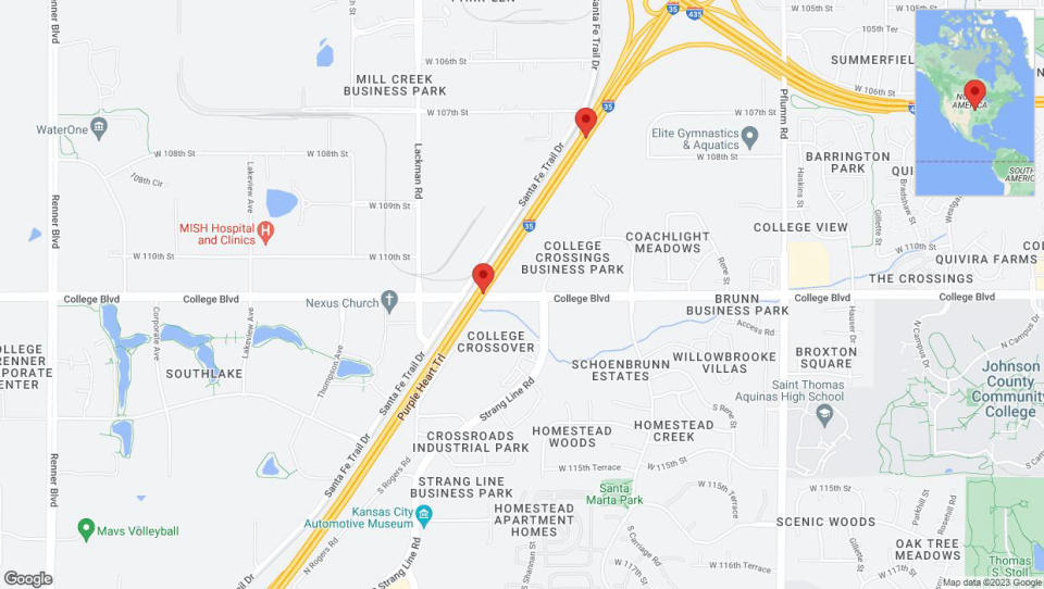 A detailed map that shows the affected road due to 'Broken down vehicle on eastbound I-35 in Lenexa' on September 18th at 3:20 p.m.