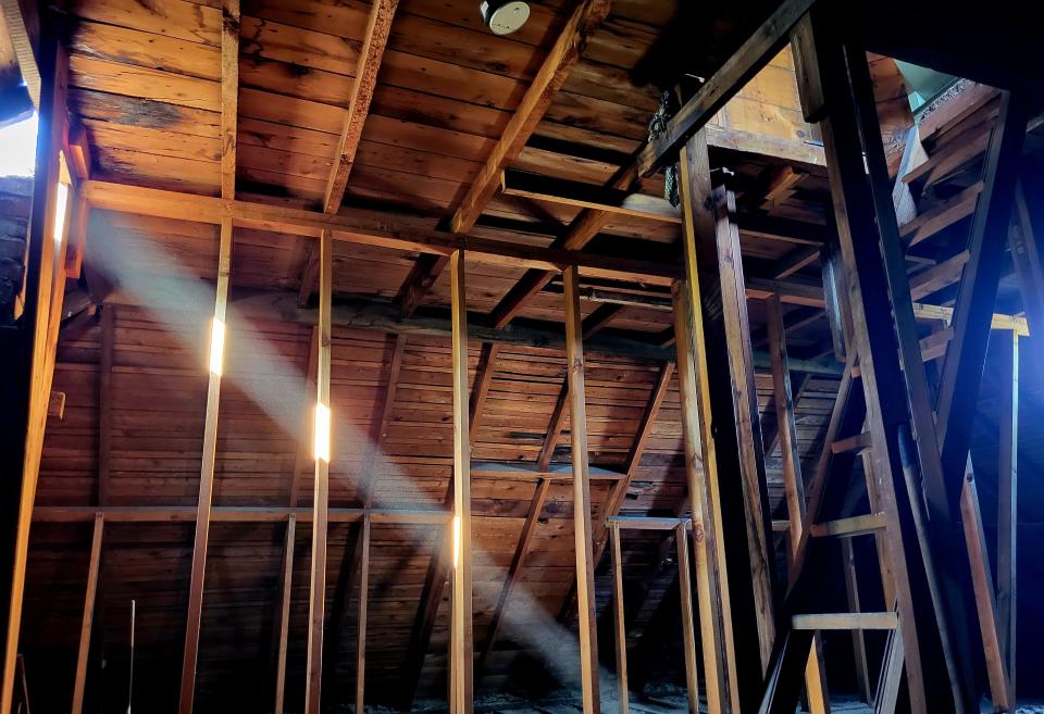 Light pours into the attic space on Friday, May 26, 2023, on the third level of the old Marysville Historical Museum building, 887 Huron Blvd. Another ladder leads up to a cupola, where native Korey Eagen, who's leasing the building from the city, hopes to add windows and a captain's-like light. He was waiting on structural engineering to determine how the third level would be used in a micro hotel.