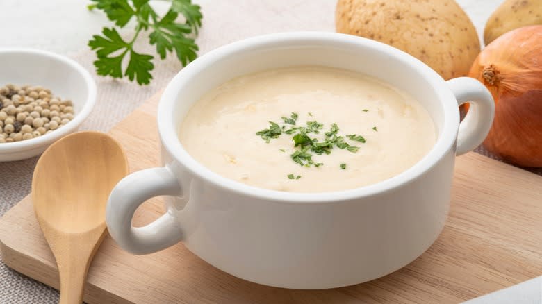 potato soup in white bowl