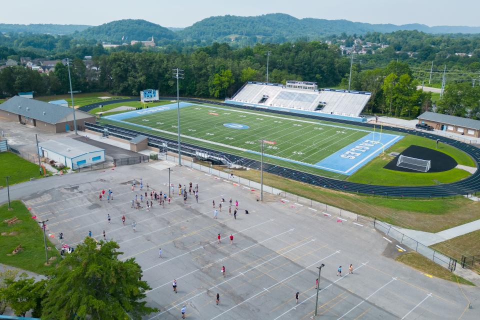 Aerial view of Gibbs High School band camp next to their new football stadium on July 27.