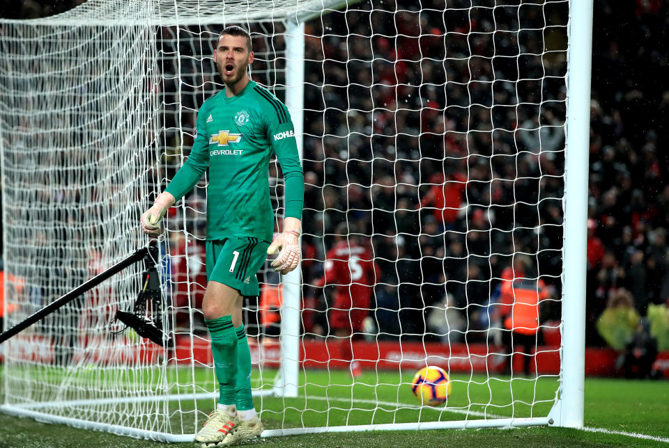 Manchester United goalkeeper David de Gea reacts after Liverpool’s Xherdan Shaqiri scores his side’s third goal