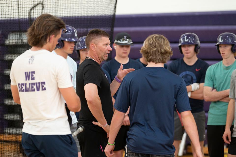 Lakeview head coach Kyle Kracht speaks with players during a practice at Lakeview High School on Tuesday, May 23, 2023.