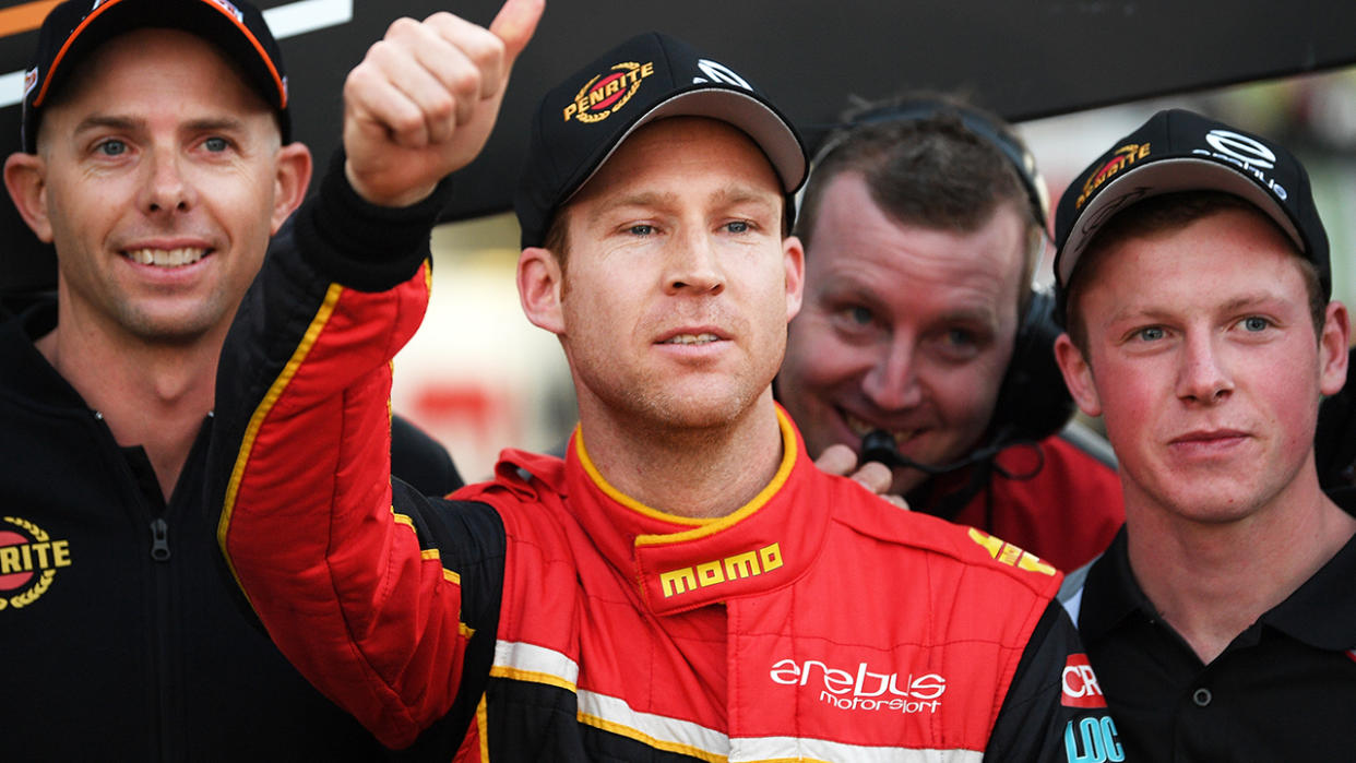 Erebus Motorsport Supercars driver David Reynolds is pictured giving a thumbs up.