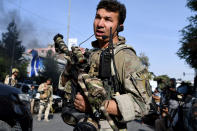 <p>Afghan security personnel leave the Iraqi embassy building after an attack in Kabul on July 31, 2017.<br> A suicide bomber blew himself up outside the Iraqi embassy in Kabul July 31 and militants breached the compound, Afghan officials said, in a complex hours-long attack claimed by the Islamic State group. (Wakil Kohsar//AFP/Getty Images) </p>