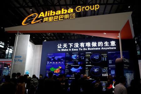 FILE PHOTO: A sign of Alibaba Group is seen during the third annual World Internet Conference in Wuzhen town of Jiaxing, Zhejiang province, China November 16, 2016. REUTERS/Aly Song/File Photo