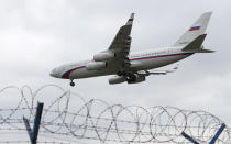 Russian special government plane land at the Vaclav Havel airport in Prague, Czech Republic, Monday, April 19, 2021. Czech Republic is expelling 18 diplomats identified as spies over a 2014 ammunition depot explosion. On Saturday, April 17, 2021, Prime Minister Andrej Babis said the Czech spy agencies provided clear evidence about the involvement of Russian military agents in the massive explosion that killed two people. (AP Photo/Petr David Josek)