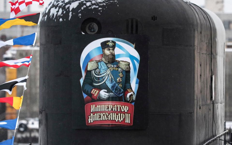 An image of Russian emperor Alexander III is seen on the newly-built nuclear submarine The Emperor Alexander III