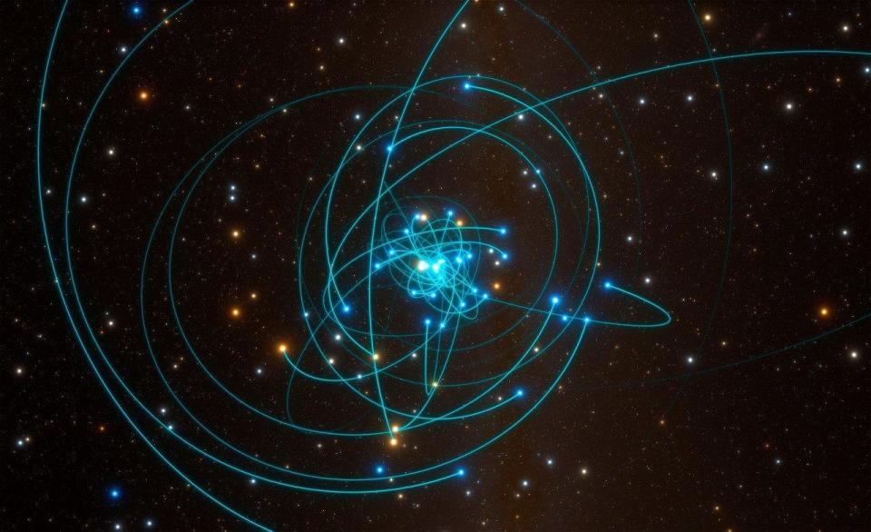 This simulation shows the orbits of stars very close to the supermassive black hole at the heart of the Milky Way. One of these stars, named S2, orbits every 16 years and is passing very close to the black hole in May 2018. This is a perfect laboratory to test gravitational physics and specifically Einstein's general theory of relativity. / Credit: ESO/L. Calçada/spaceengine.org