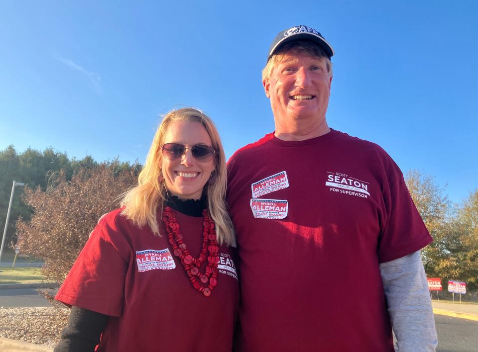 Mykell Alleman and Scott Seaton together at Wilson Elementary School Tuesday, Nov. 7. Alleman is running for school board and Seaton is running for a second term on the board of supervisors.