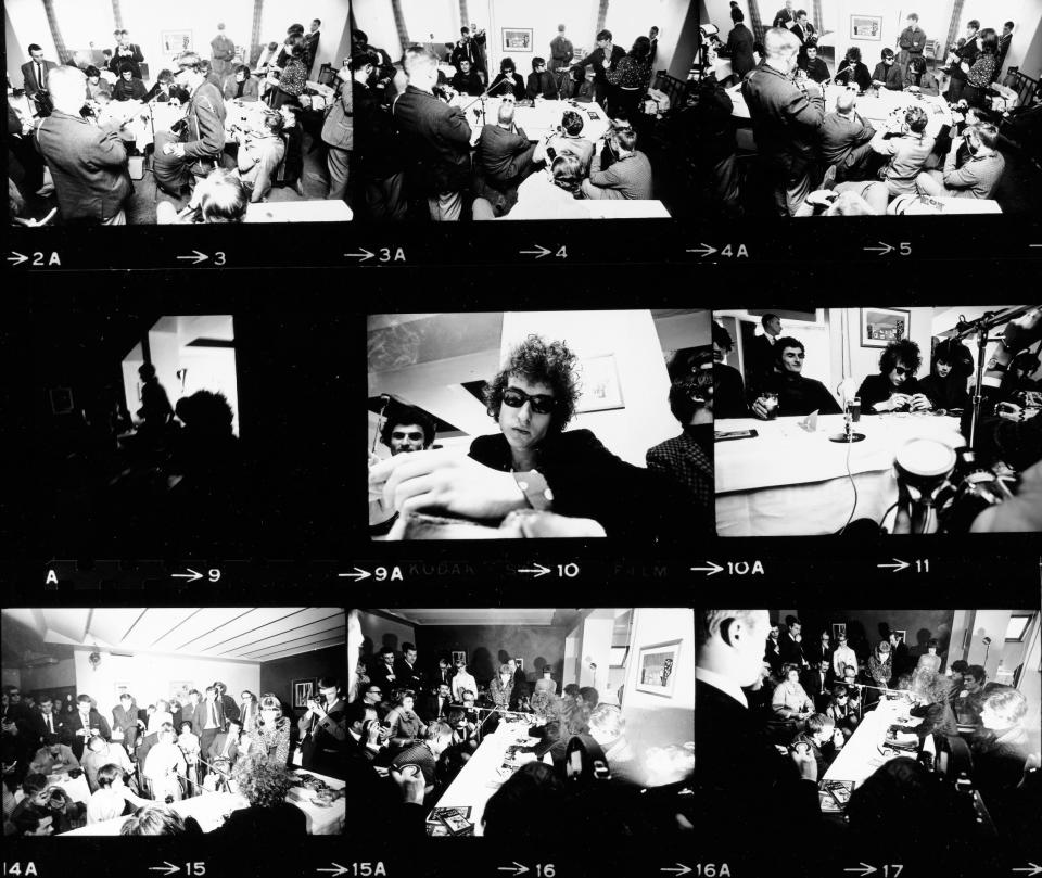 Contact sheet of Bob Dylan’s press conference at the Hotel Flamingo in Stockholm, Sweden, April 28, 1966