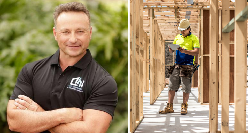 Scott Challen next to a tradie on a building site with the industry facing many issues