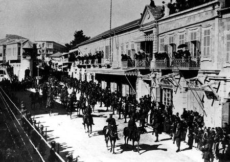 The entrance of British forces under British General Edmund Hynman Allenby to Jerusalem is seen in this December 11, 1917 file photo released by the Israeli Government Press Office (GPO) and obtained by Reuters on June 11, 2018. REUTERS/GPO/Eric Matson/Handout