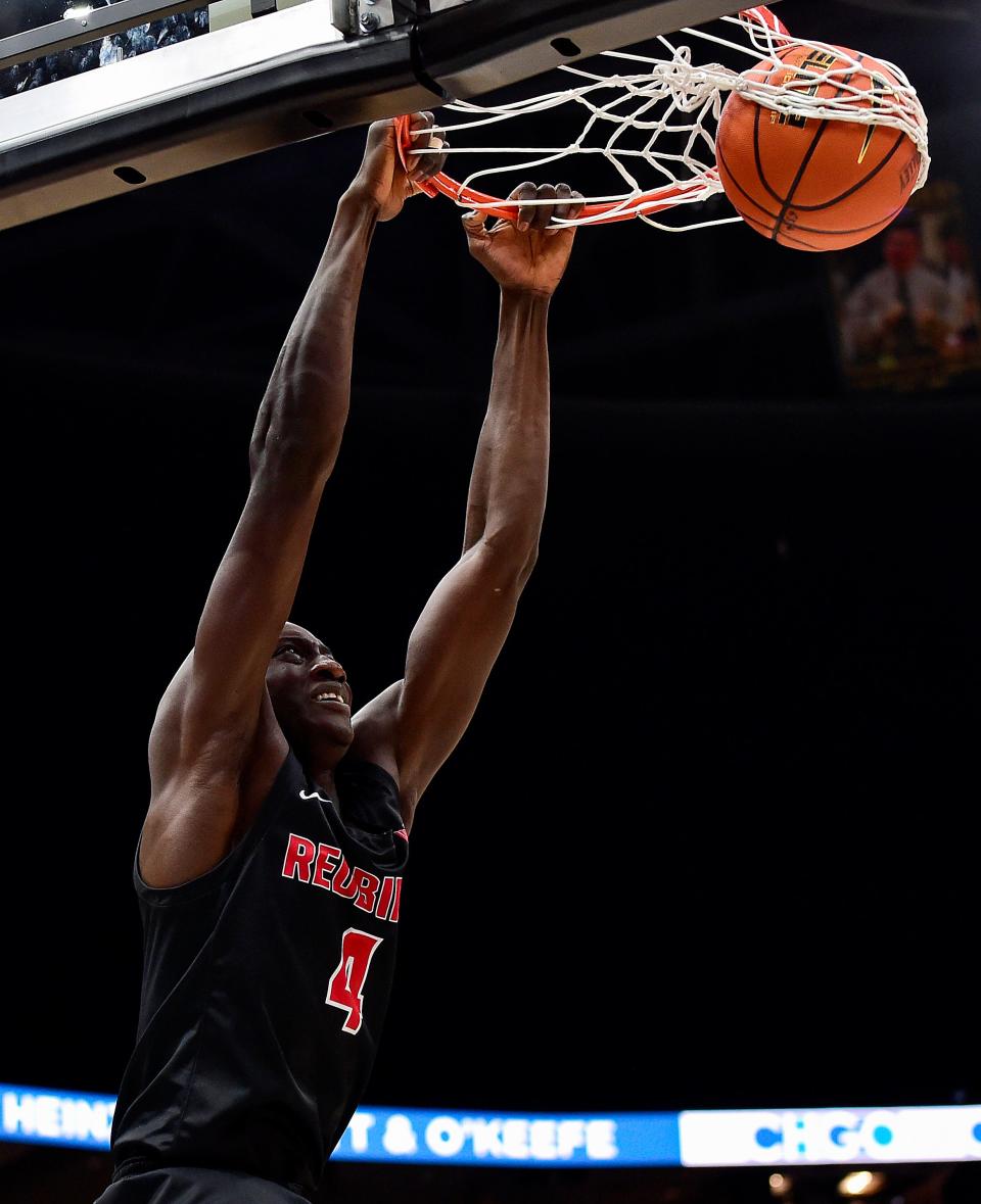 Illinois State Redbirds forward Abdou Ndiaye (4) dunks in the quarterfinals round of the Missouri Valley Conference Tournament