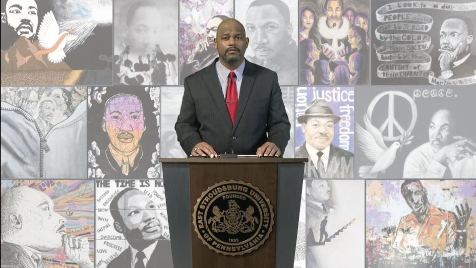 Harrison Bailey III, the principal of Liberty High School in Bethlehem, speaks at East Stroudsburg University's 2022 celebration of Martin Luther King Jr.