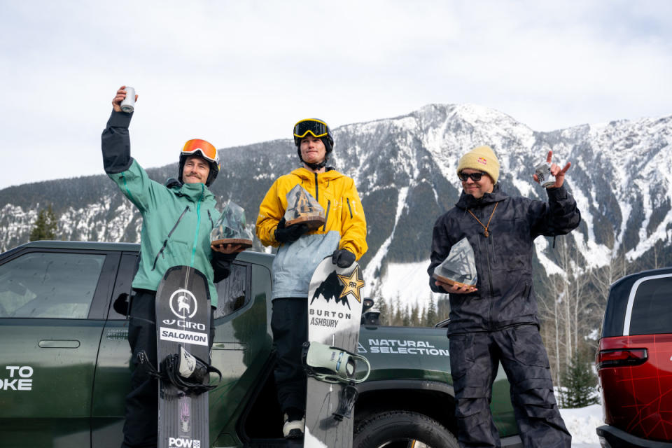 Men's podium. (l to r) Nils Mindnich, second place; Mikey Ciccarelli, first; Travis Rice, third.<p>p: Colin Wiseman/Natural Selection Tour</p>