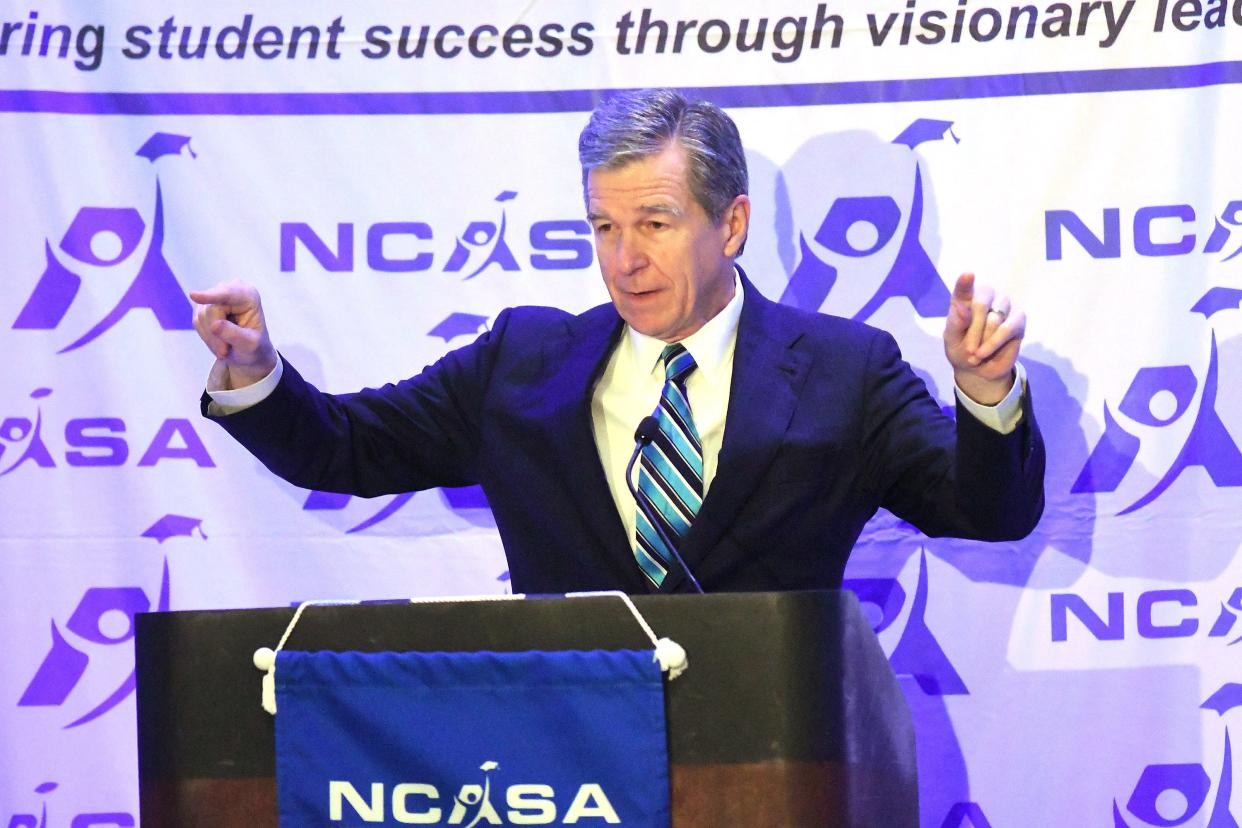 Gov. Roy Cooper speaks at the NC Association of School Administrators' conference on Friday, March 22 in Wilmington.