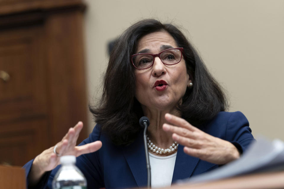 President of Columbia University Nemat Shafik testifies before the House Committee on Education and the Workforce hearing on "Columbia in Crisis: Columbia University's Response to Antisemitism" on Capitol Hill in Washington, Wednesday, April 17, 2024. (AP Photo/Jose Luis Magana)