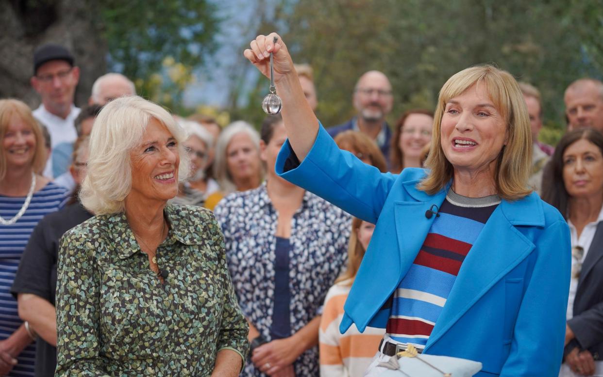 The Duchess of Cornwall with presenter Fiona Bruce during the filming of Antiques Roadshow - PA