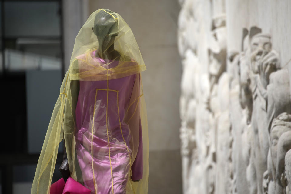 A model wears a creation as part of the Rick Owens men's Spring Summer 2023 collection presented in Paris, France, Thursday, June 23, 2022. (AP Photo/Christophe Ena)