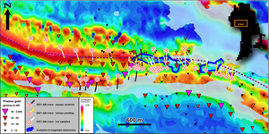 Plan map of Phase 1 reconnaissance drilling at the Golden Corridor.