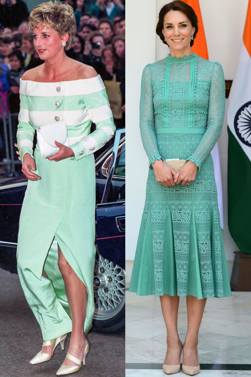 <p>Diana attending a premiere in London's West End in April 1993; Kate in Temperley London meeting the Prime Minister of India in New Delhi in April 2016.</p>