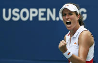 Britain's Johanna Konta, pumps her fist after winning a point against Karolina Pliskova, of the Czech Republic, during round four of the US Open tennis championships Sunday, Sept. 1, 2019, in New York. (AP Photo/Kevin Hagen)