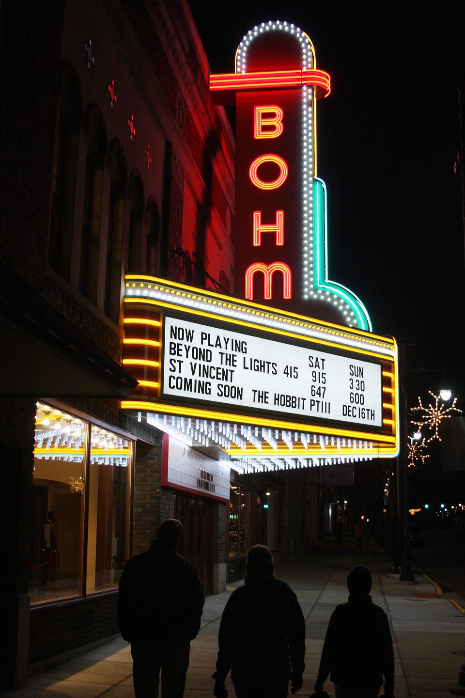 The Bohm Theatre's marquee lights up downtown Albion.