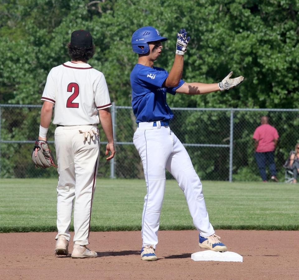 Horseheads' Matt Procopio celebrates his RBI double as the Blue Raiders completed a two-game sweep of Elmira in the Section 4 Class AA baseball championship series with a 13-7 win May 25, 2022 at Ernie Davis Academy.