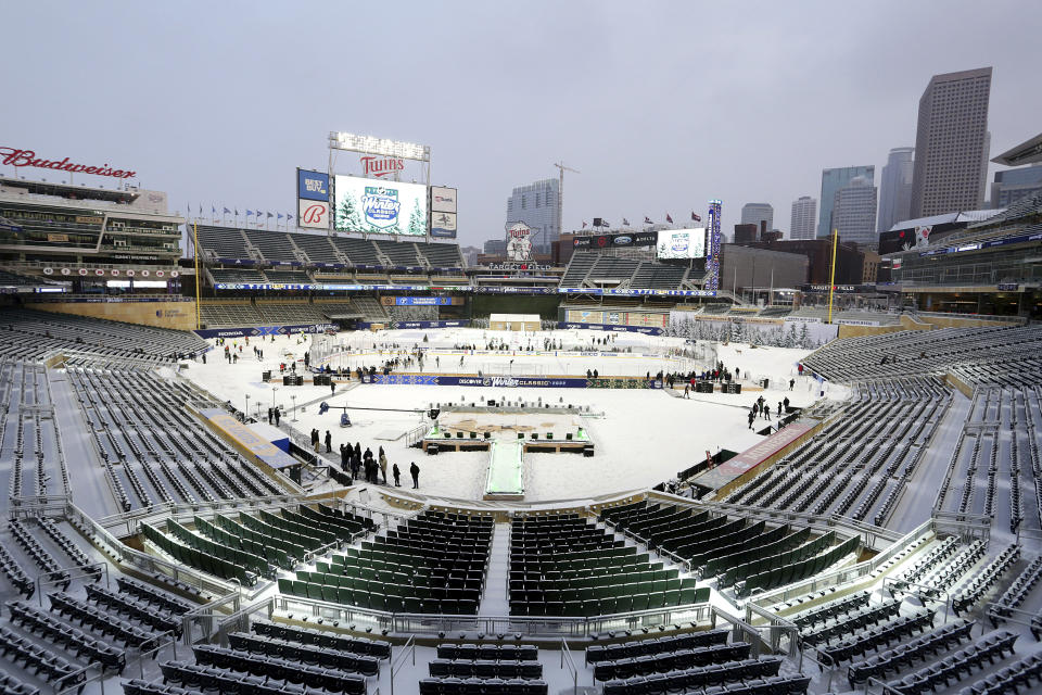 The Minnesota Wild team practices at Target Field in Minneapolis on Friday, Dec. 31, 2021, for Saturday's NHL Winter Classic against the St. Louis Blues. (AP Photo/Andy Clayton-King)