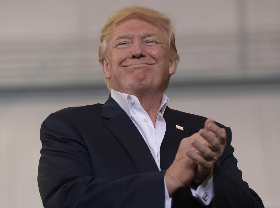 <p>President Donald Trump smiles as he prepares to speak at his “Make America Great Again Rally” at Orlando-Melbourne International Airport in Melbourne, Fla., Saturday, Feb. 18, 2017. (AP Photo/Susan Walsh) </p>
