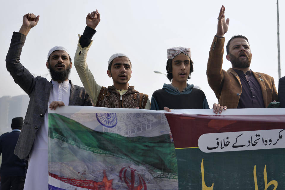 Members of Muslim Talba Mahaz Pakistan chant slogans at a demonstration to condemn Iran strike in the Pakistani border area, in Islamabad, Pakistan, Thursday, Jan. 18, 2024. Pakistan's air force launched retaliatory airstrikes early Thursday on Iran allegedly targeting militant positions, a deadly attack that further raised tensions between the neighboring nations. (AP Photo/Anjum Naveed)