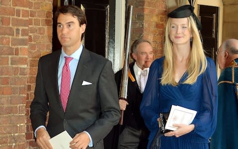 William van Cutsem with wife Rosie leaving the Chapel Royal in St James's Palace, central London, following the christening of Prince George by the Archbishop of Canterbury - Credit: John Stillwell/PA