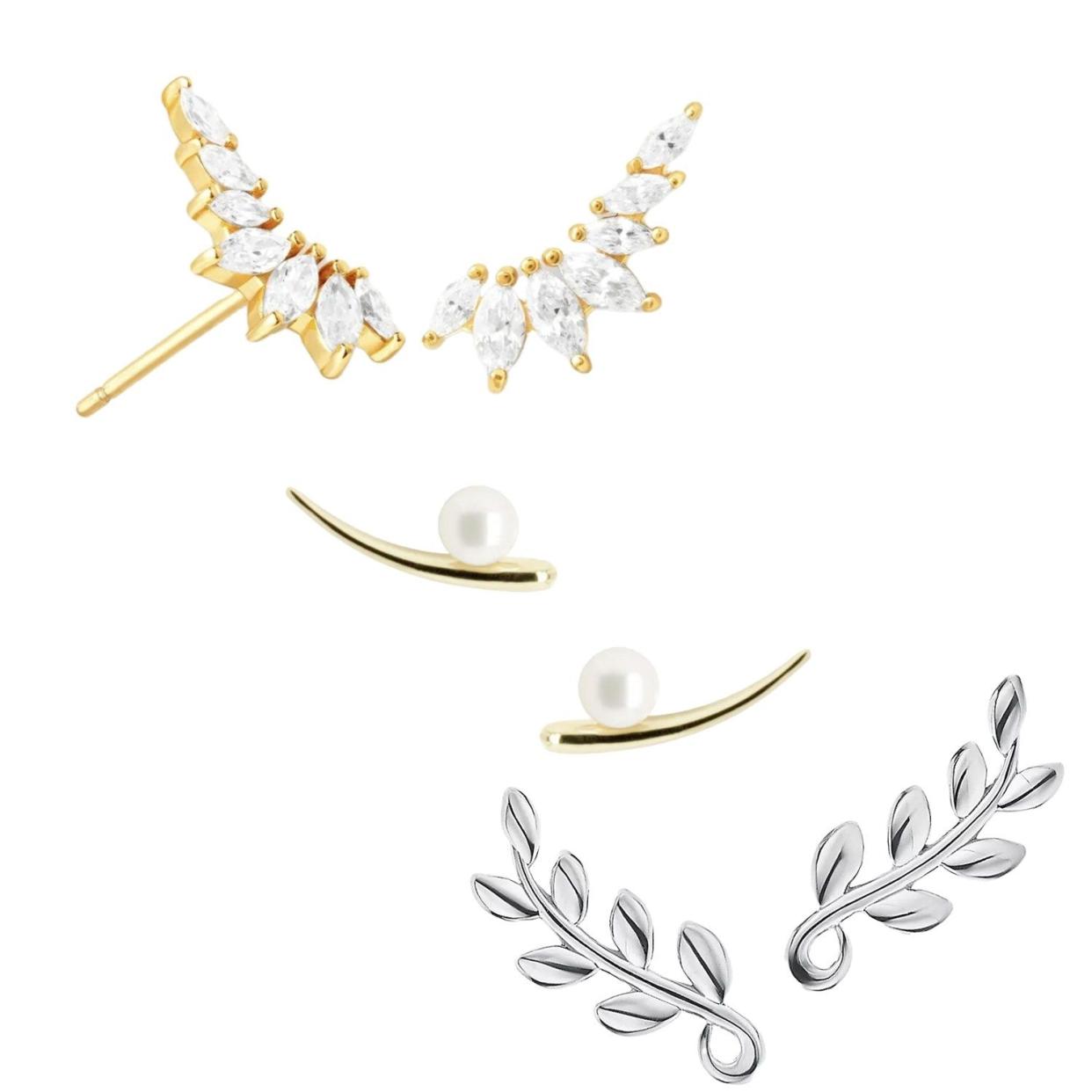 Navette studs, £60, Astrid and Miyu; Hope pearl earrings, £60, Olivia & Pearl; Olive leaf earrings, £430, Tiffany & Co.