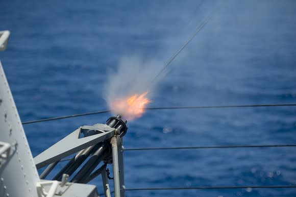 Raytheon-made Phalanx close-in weapons system firing from the deck of the USS Blue Ridge.