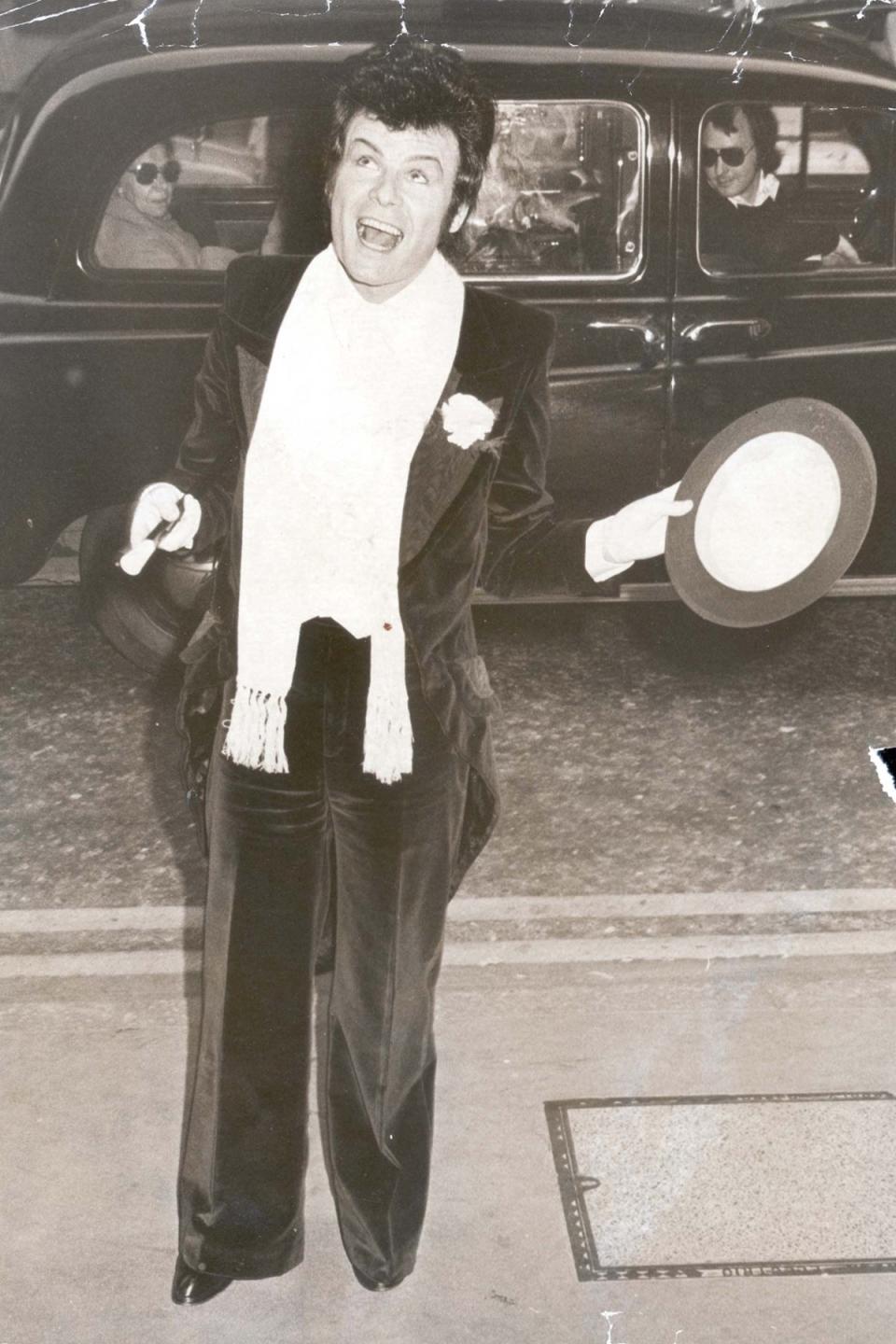 At the London Palladium: Gary Glitter, pictured in 1975 arrives at the London Palladium to see Tommy Steele in Hans Anderson (Photo: James Jarrett/Associated Newspapers/REX) (Photo: James Jarrett/Associated Newspapers/REX)