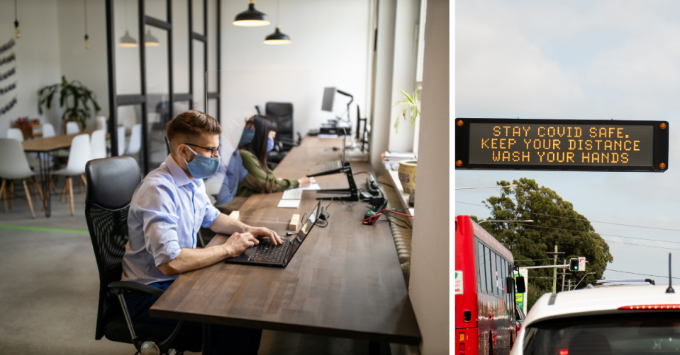 Office workers using their laptops while wearing masks. A street sign encouraging COVID-safe practices.