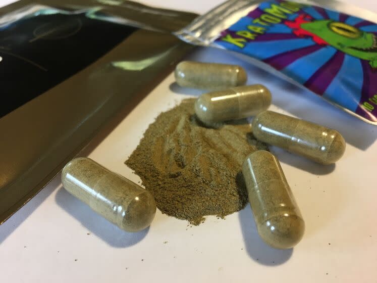 Kratom capsules are displayed in Albany, N.Y., by federal health authorities in 2017.