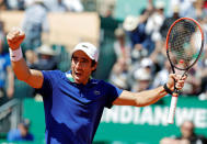 Tennis - Monte Carlo Masters - Monaco, 20/04/2017. Pablo Cuevas of Uruguay celebrates after defeating Stan Wawrinka of Switzerland. REUTERS/Eric Gaillard