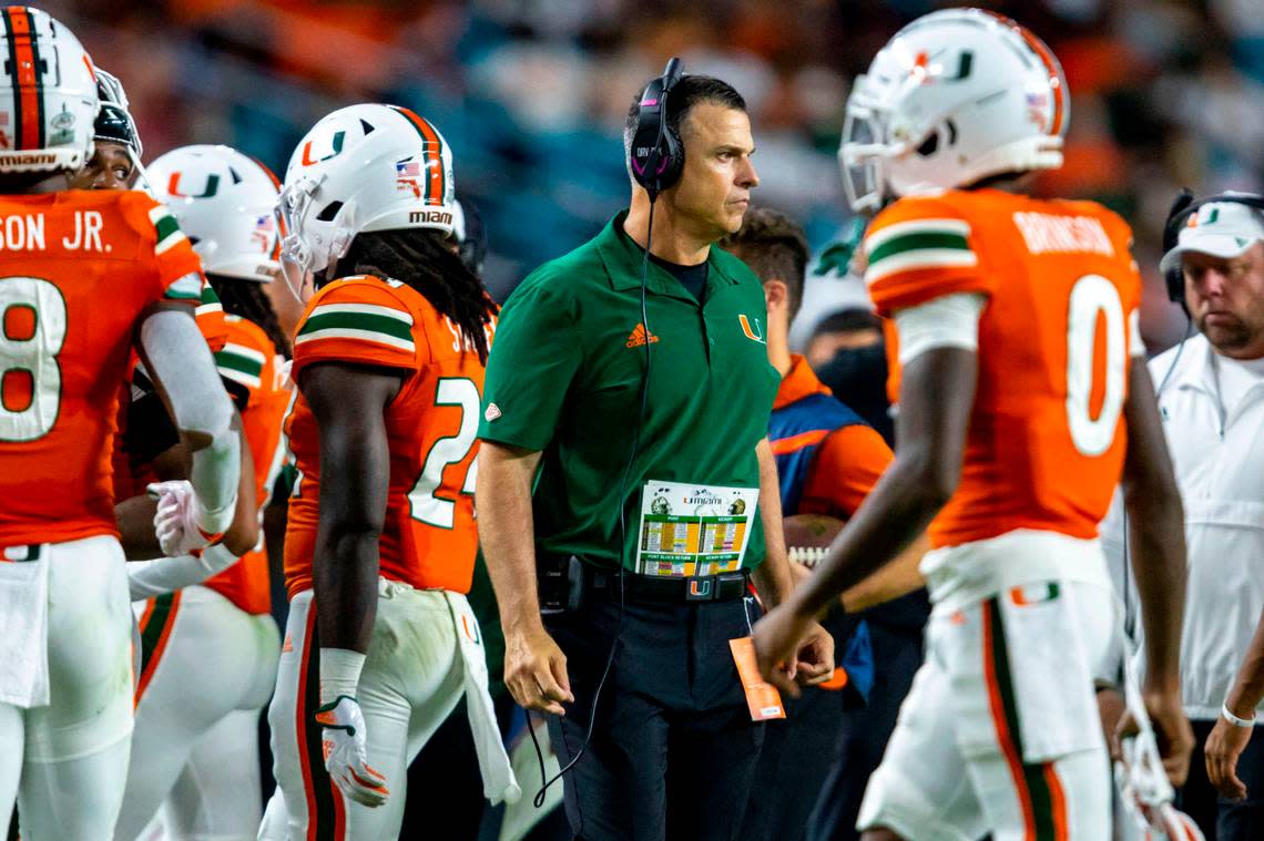 University of Miami head coach Mario Cristobal reacts on the sidelines during an ACC football game against Florida State University at Hard Rock Stadium in Miami Gardens on Saturday, November 5, 2022.