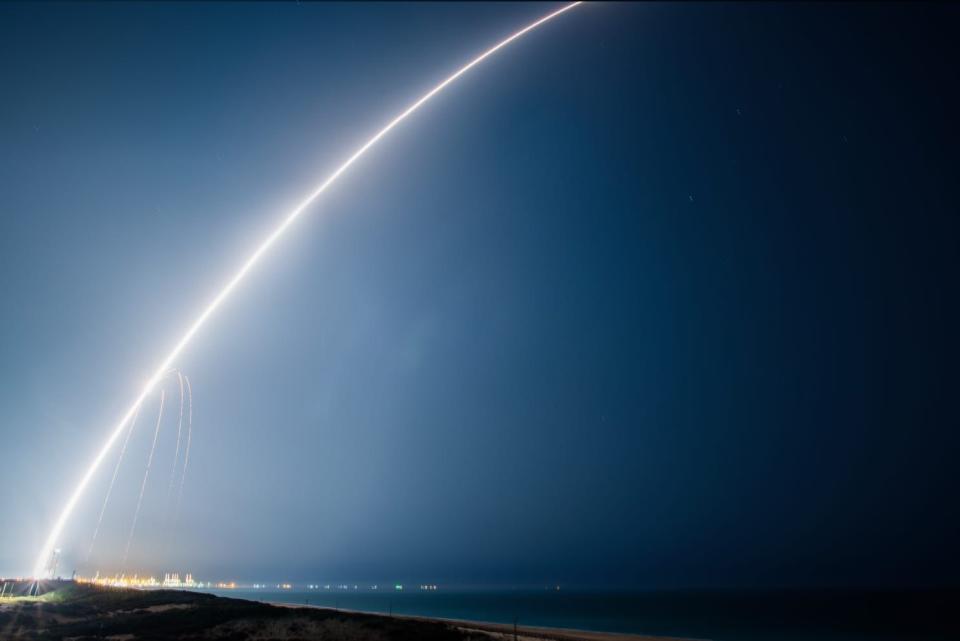 A Shavit rocket carrying Israel's Ofek 13 radar spy satellite arcs toward orbit on March 29, 2023.