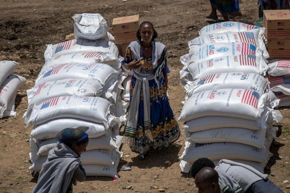 An Ethiopian woman stands by sacks of wheat to be distributed by the Relief Society of Tigray in the town of Agula (Copyright 2021 The Associated Press. All rights reserved)