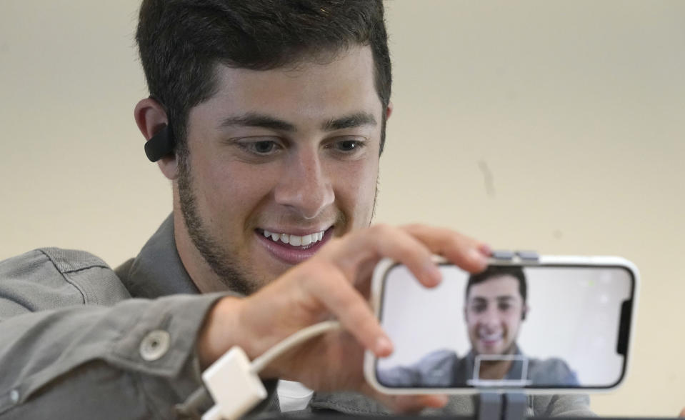 Actor Jaren Lewison sets up for a tech check with a cell phone before giving virtual interviews to media Wednesday, June 23, 2021, in Dallas to promote his Netflix series "Never Have I Ever." (AP Photo/LM Otero)